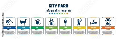 city park concept infographic design template. included geology, llama, flea, stag beetle, canoe, hunter, submarine, ice cream cart icons and 8 steps or options.