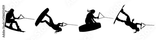 A set of female wakeboarding vector silhouettes of in-air jumps and tricks.