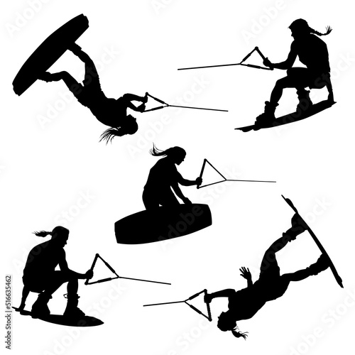 A set of female wakeboarding vector silhouettes of in-air jumps and tricks.