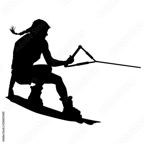 A vector silhouette of a girl wakeboarding doing a flip or trick.