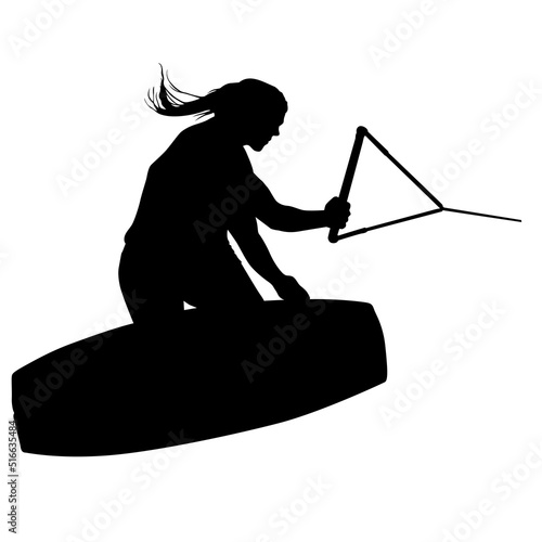 A vector silhouette of a girl wakeboarding doing a flip or trick.