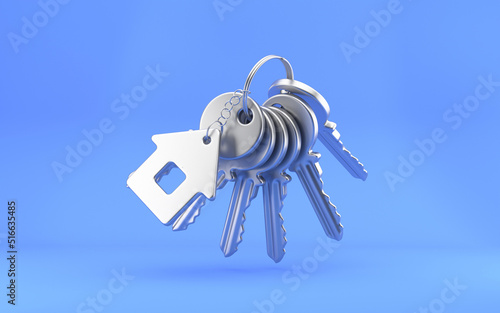 Slika na platnu Big bunch of House keys with house shaped keychain, Estate concept, key ring and keys on bright blue background