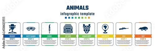 animals concept infographic design template. included biologist, safety glasses, dagger, gift shop, siberian husky, location pin, rifle, mole icons and 8 steps or options.