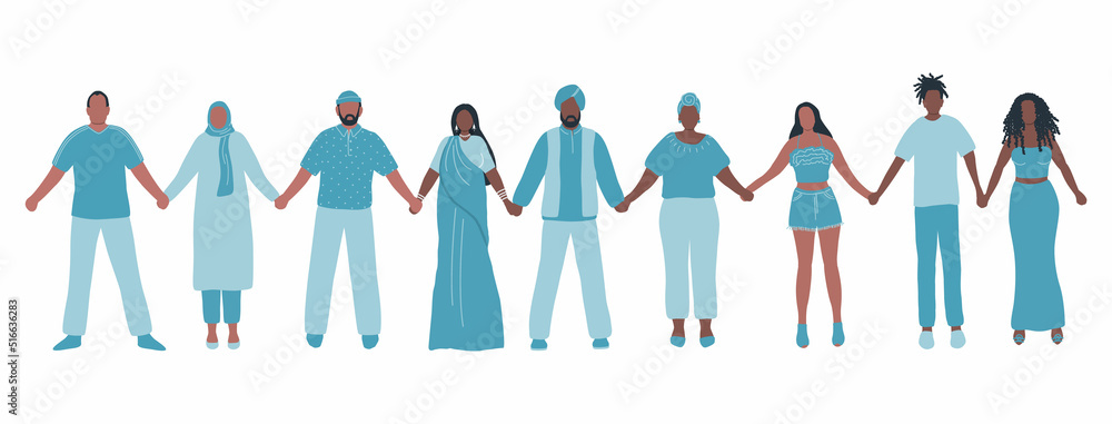 People holding hands. Diverse group of people. Stronger together concept. Solidarity of different men and women. Human silhouettes of different races, different ages. Vector illustration People holding hands. Diverse group of people. Stronger together concept. Solidarity of different men and women. Human silhouettes of different races, different ages. Vector illustration
