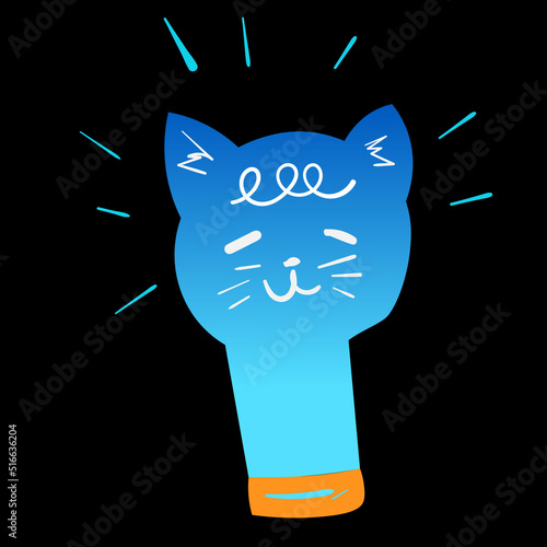 Doodle blue cat lamp icon. Colourful illustration on black background.