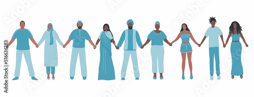 People holding hands. Diverse group of people. Stronger together concept. Solidarity of different men and women. Human silhouettes of different races, different ages. Vector illustration