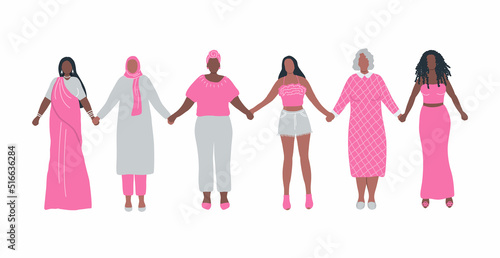 Women holding hands. Diverse group of people. International Women's Day concept. Women's community. Female solidarity. Different women silhouettes. Vector illustration