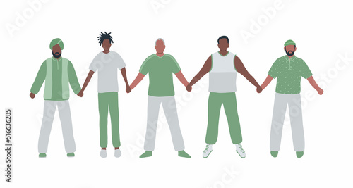 Men holding hands. Diverse group of people. Stronger together concept. Men's community. Male solidarity. Different men silhouettes. Vector illustration.