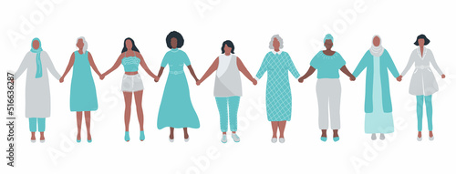 Women holding hands. Diverse group of people. International Women's Day concept. Women's community. Female solidarity. Different women silhouettes. Vector illustration.