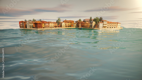 3D rendering city island float in the ocean with sky background.