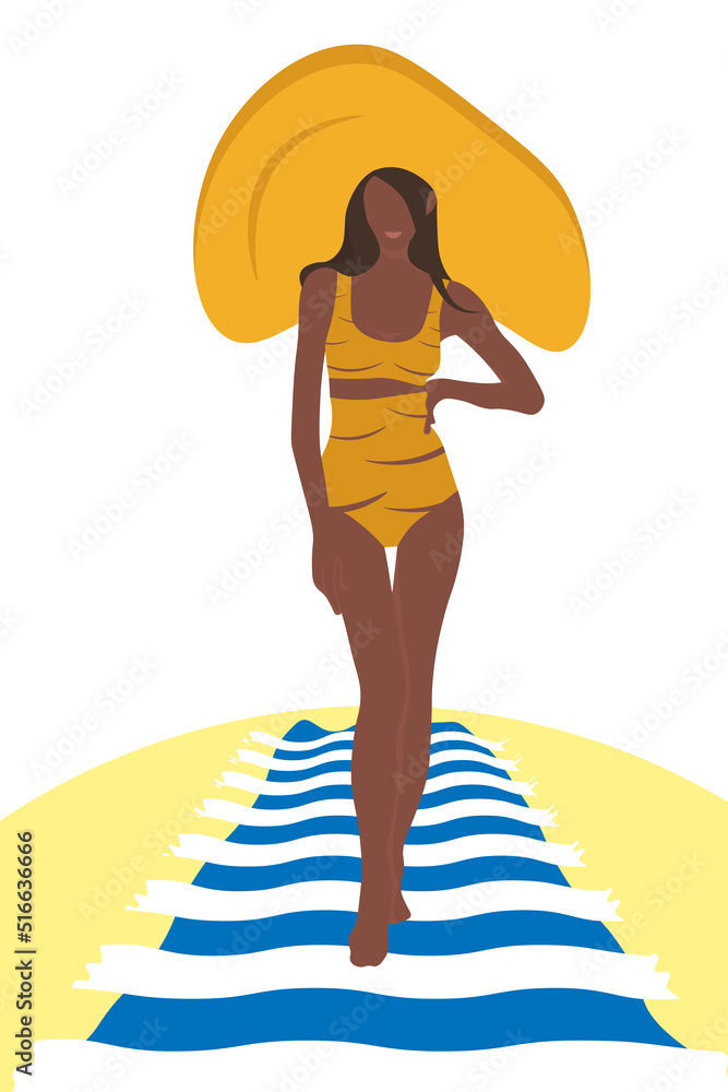 beautiful African girl in a yellow swimsuit and a hat stands in the sand on a white background