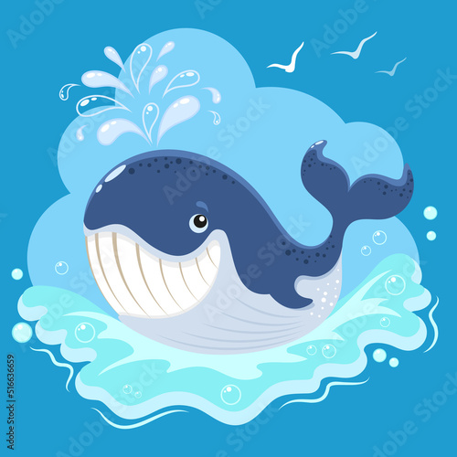 Cheerful cartoon whale in a sea wave with foam and splashes on a blue background with drops and seagulls