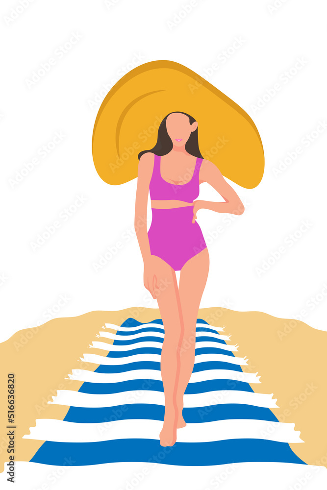 a beautiful, sunny girl in a yellow hat and a pink bathing suit stands on a rug in the sand