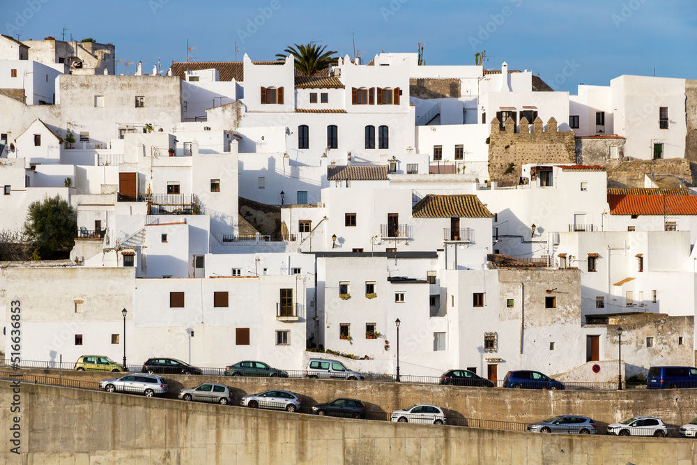 Detail of the town of Vejer with its white houses at sunset, Cadiz province, Spain 