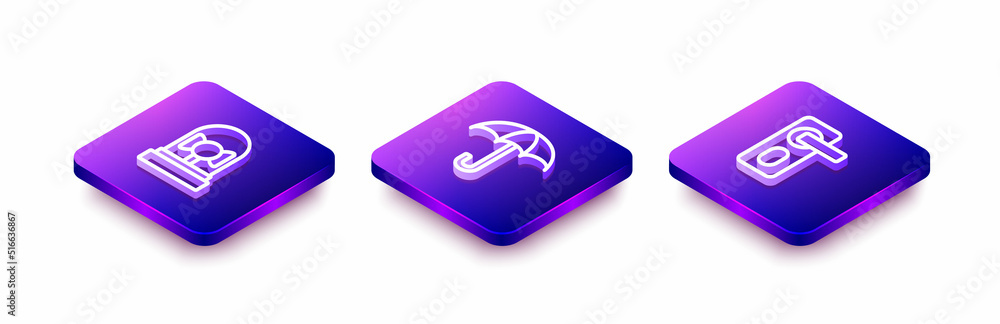 Set Isometric line Ringing alarm bell, Umbrella and Fingerprint door lock icon. Vector Set Isometric line Ringing alarm bell, Umbrella and Fingerprint door lock icon. Vector