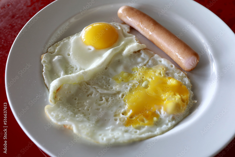 Plate with fried eggs and sausage Plate with fried eggs and sausage