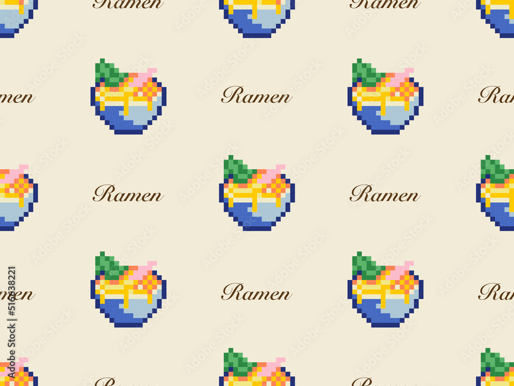 Ramen cartoon character seamless pattern on yellow background. Pixel style Ramen cartoon character seamless pattern on yellow background. Pixel style