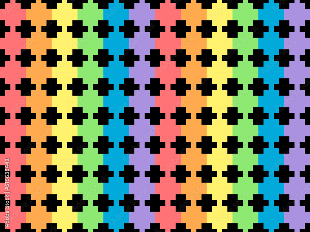 Fototapeta premium Geometric rainbow cartoon character seamless pattern on black background. Pixel style