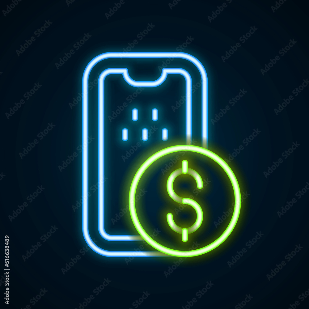 Glowing neon line Mobile banking icon isolated on black background. Transfer money through mobile banking on the mobile phone screen. Colorful outline concept. Vector Glowing neon line Mobile banking icon isolated on black background. Transfer money through mobile banking on the mobile phone screen. Colorful outline concept. Vector