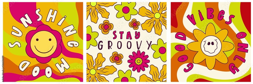 Daisy Flowers, Trippy groovy poster set for print design quote. Psychedelic hippy groovy print. Template poster vector illustration. Abstract vector pattern. Wavy Swirl, checkerboard, btight color Daisy Flowers, Trippy groovy poster set for print design quote. Psychedelic hippy groovy print. Template poster vector illustration. Abstract vector pattern. Wavy Swirl, checkerboard, btight color