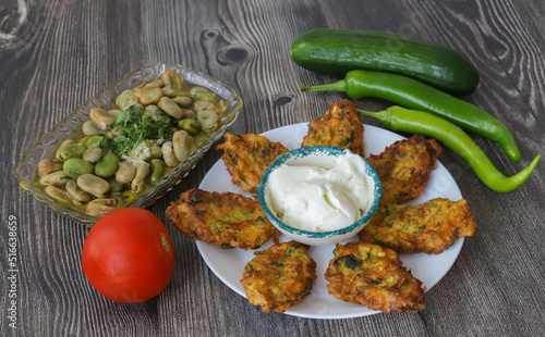 Mucver, Turkish traditional food. (Turkish cuisine) Homemade Food with Zucchini.