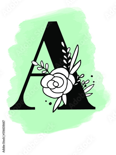 Brocha de color con letra A y flores diseño vectorial, color brush with letter A and flowers vector design