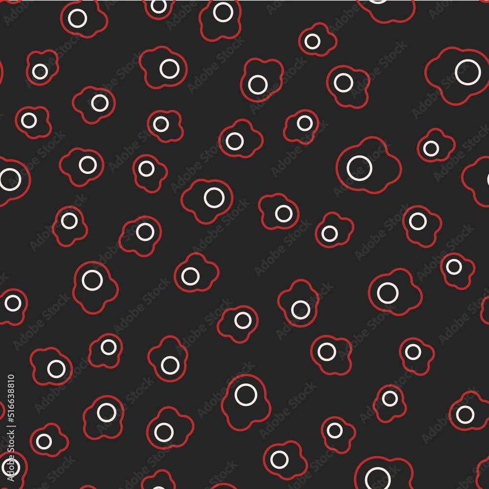 Line Scrambled egg icon isolated seamless pattern on black background. Home cooked food, fried egg, healthy breakfast, omelet icon. Vector
