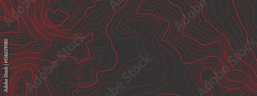 The stylized height of the topographic map contour in lines and contours. The concept of a conditional geography scheme and the terrain path. Red on black. Ultra wide size. Vector illustration.