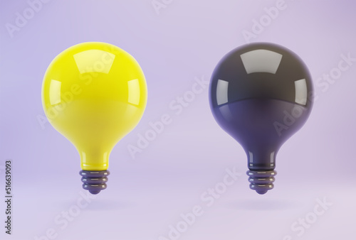 Set of yellow and black light bulbs 3d icon. Symbol of creative ideas and inspiration.