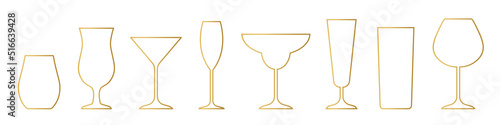 set of golden line icons of different coctail,  juice, wine glasses - vector illustration