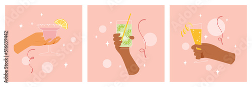 Hands holding cocktail cheer. Set of glasses with alcohol. Woman drinks for friendship or rest. Summer festival with cold drinks. Toast concept on pink background. Vector isolated flat design.
