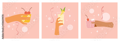 Cocktail cheers. Set of hands holding glass with alcohol. Woman is celebrating or resting. Summer festival with cold drinks. Toast concept on pink background. Vector isolated flat design.