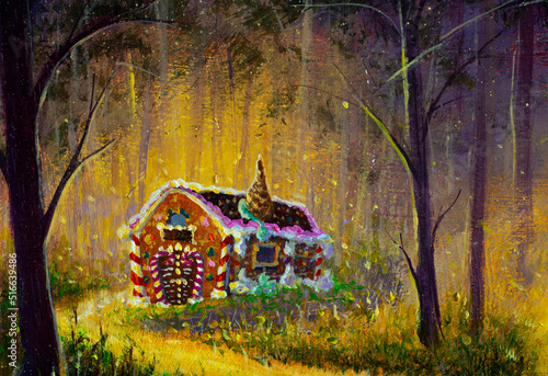 Photography Gingerbread house of sweets in the forest from the fairy tale Hansel and Gretel
