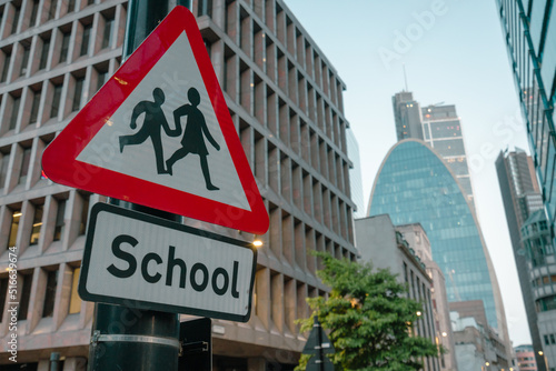 School crossing sign in a city	
