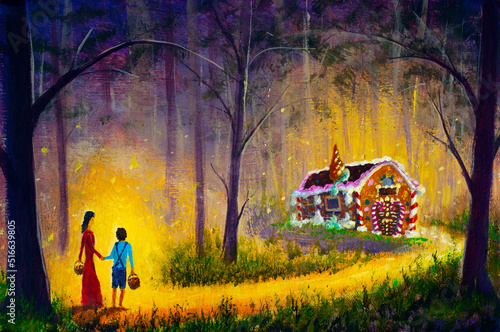 Painting Hansel and Gretel find in dark forest candy house. Classic children fairy tale illustration.