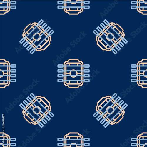 Line Table football game hobby or leisure icon isolated seamless pattern on blue background. Sport team football players. Vector