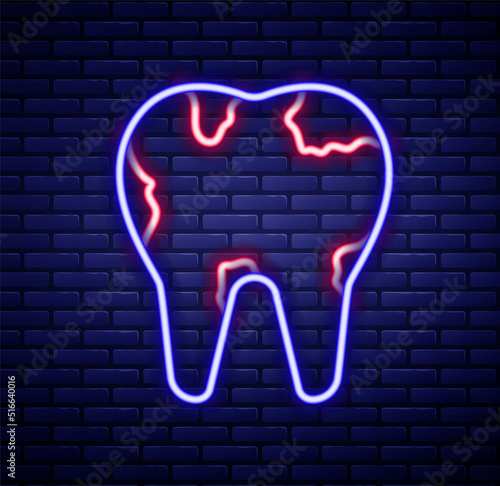 Glowing neon line Broken tooth icon isolated on brick wall background. Dental problem icon. Dental care symbol. Colorful outline concept. Vector