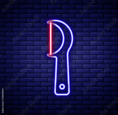 Glowing neon line Dental floss icon isolated on brick wall background. Colorful outline concept. Vector