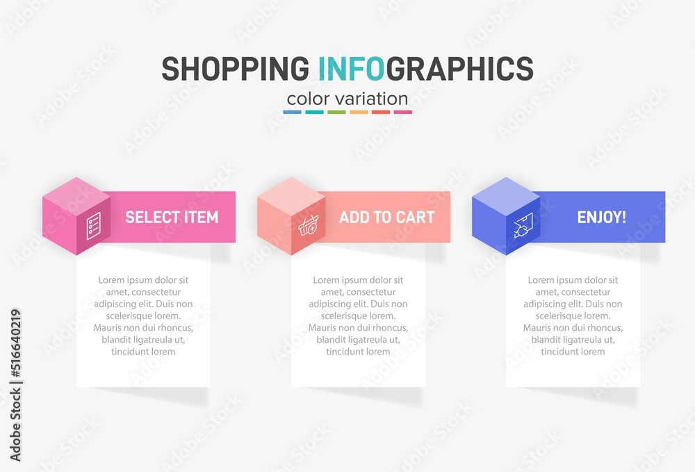 Concept of shopping process with 3 successive steps. Three colorful graphic elements. Timeline design for brochure, presentation, web site. Infographic design layout. Concept of shopping process with 3 successive steps. Three colorful graphic elements. Timeline design for brochure, presentation, web site. Infographic design layout.