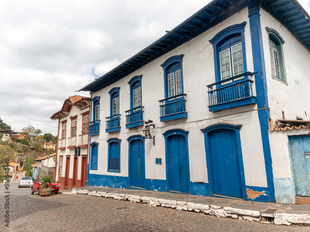Diverse urban scenes. Colorful old houses on cobblestone streets in the historic town of Sabará.
