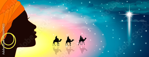 Caravan on its way to a shining star. Silhouette of a young woman and a caravan of camels against the background of a starry sky and a shining star