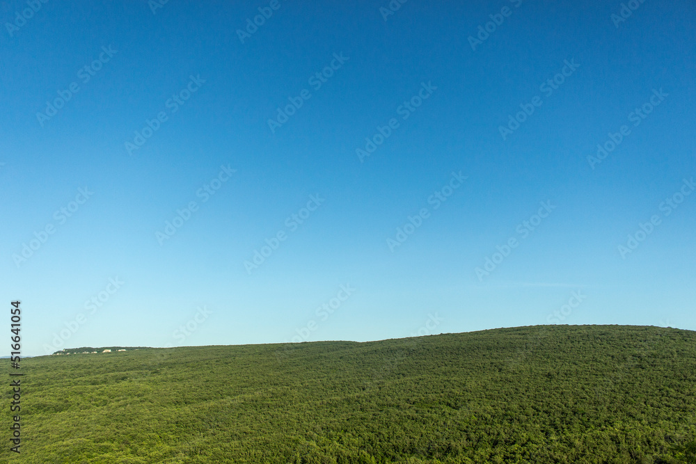 View of green valley. Beautiful summer landscape. Sky and greenery.