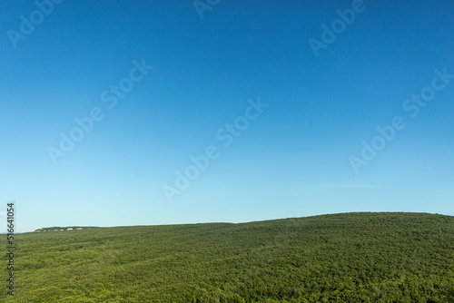 View of green valley. Beautiful summer landscape. Sky and greenery.