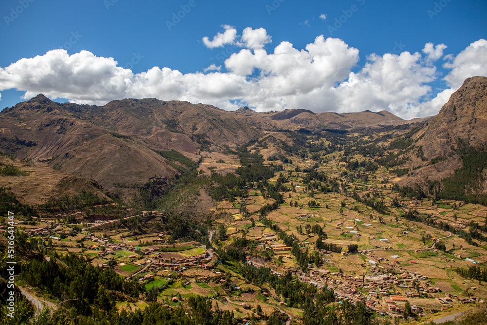 Crop fields in Pisac seen from above in the Sacred Valley in Cusco, Peru