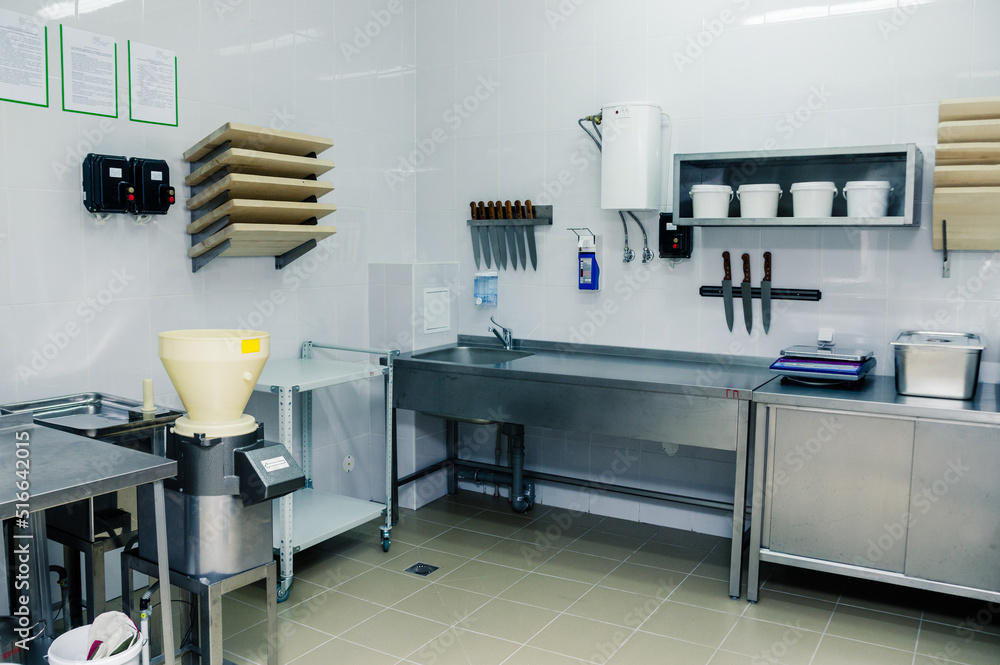 Professional kitchen with metal surfaces in the kindergarten Professional kitchen with metal surfaces in the kindergarten