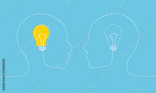 Human head with bulb lamp. Nonstandard thinking, creative idea concept. Vector illustration isolated on blue background.