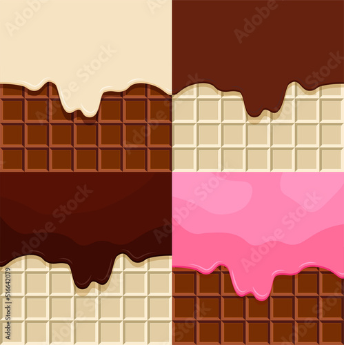 Set of chocolates or cacao cream melted on chocolate bar. Sweet ice cream template or mockup. Vector illustration.	