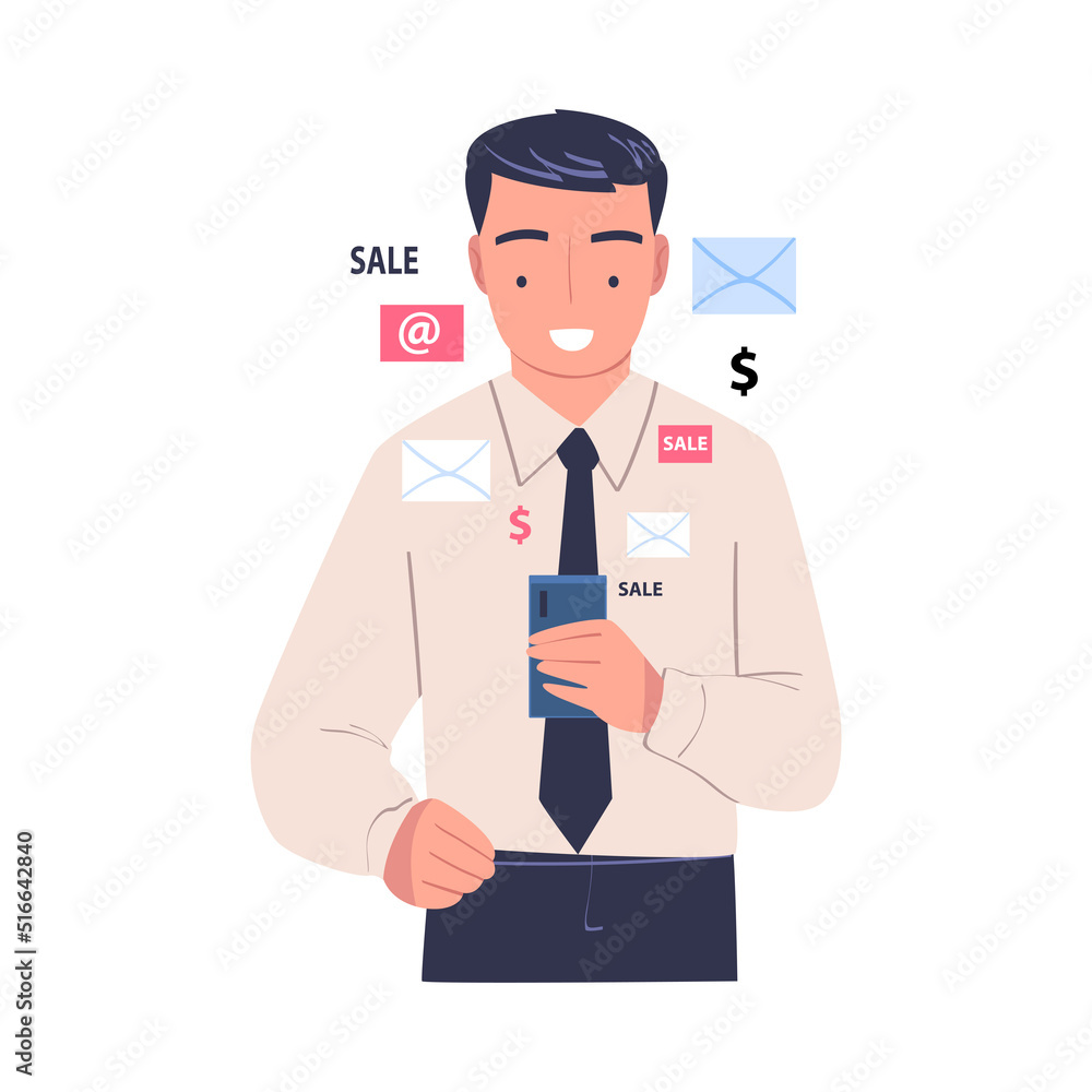 Promotion with Man Character Sending Mails on Smartphone as Marketing and Advertisement Campaign Vector Illustration
