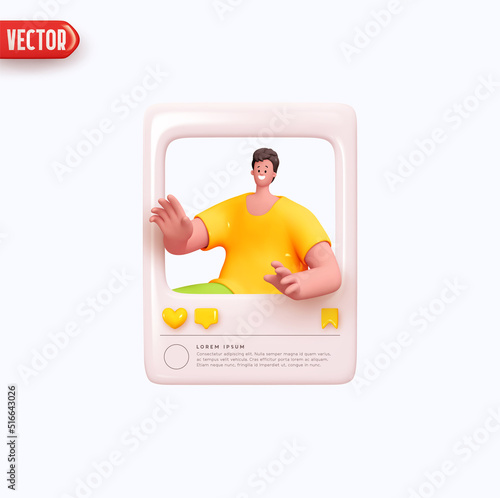 Social media post blogger guy. Man social networks. Captured happy moment of life. Realistic 3d design. Social profile frame with young popular boy. Selfie creative idea. Vector illustration