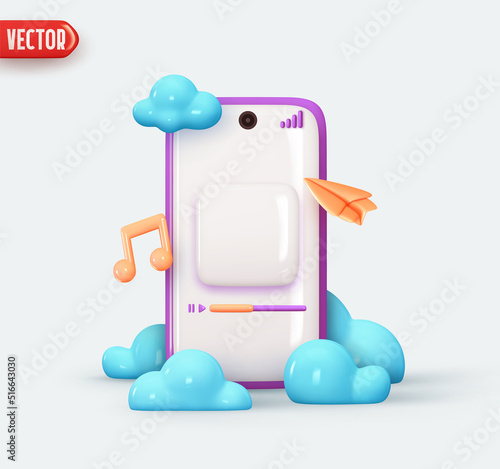 Music player on mobile phone. Streaming music in online cloud platform. audio radio app. Realistic 3d design. Application presentation template. Modern Technology device screen. Vector illustration